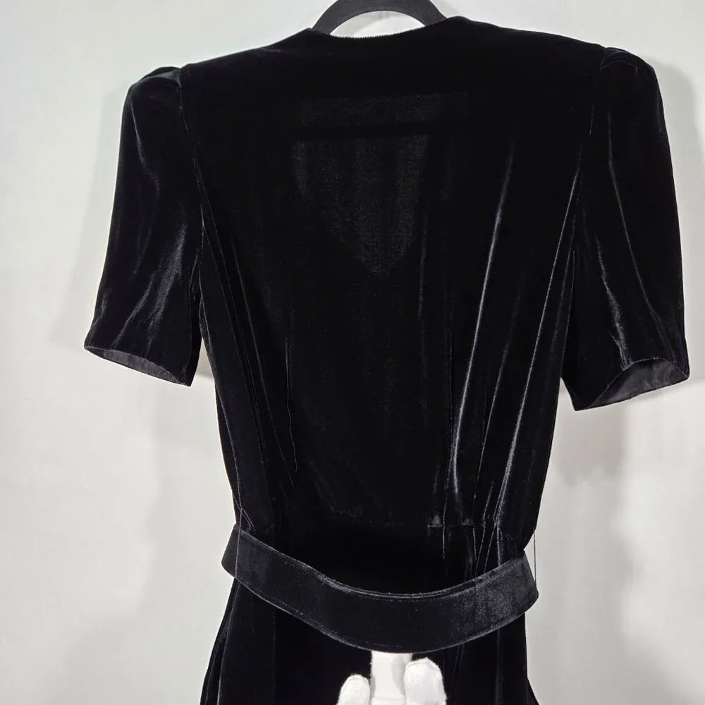 VINTAGE Academia Y2K Sirencore BLACK VELVET Pocket Belt Midi Dress Women Size 10 - Picture 6 of 16